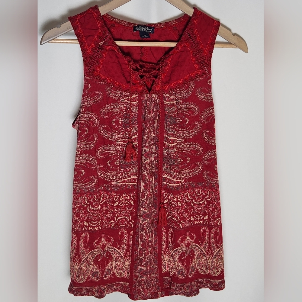 Y2K Lucky Brand Burgundy Paisley Grunge Tie Front Wide Strap Boho Top Women’s M